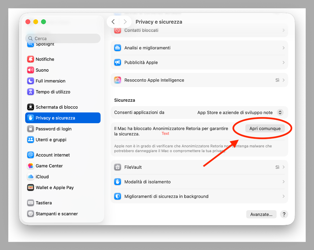 Mac System Settings, Privacy & Security, with Open Anyway