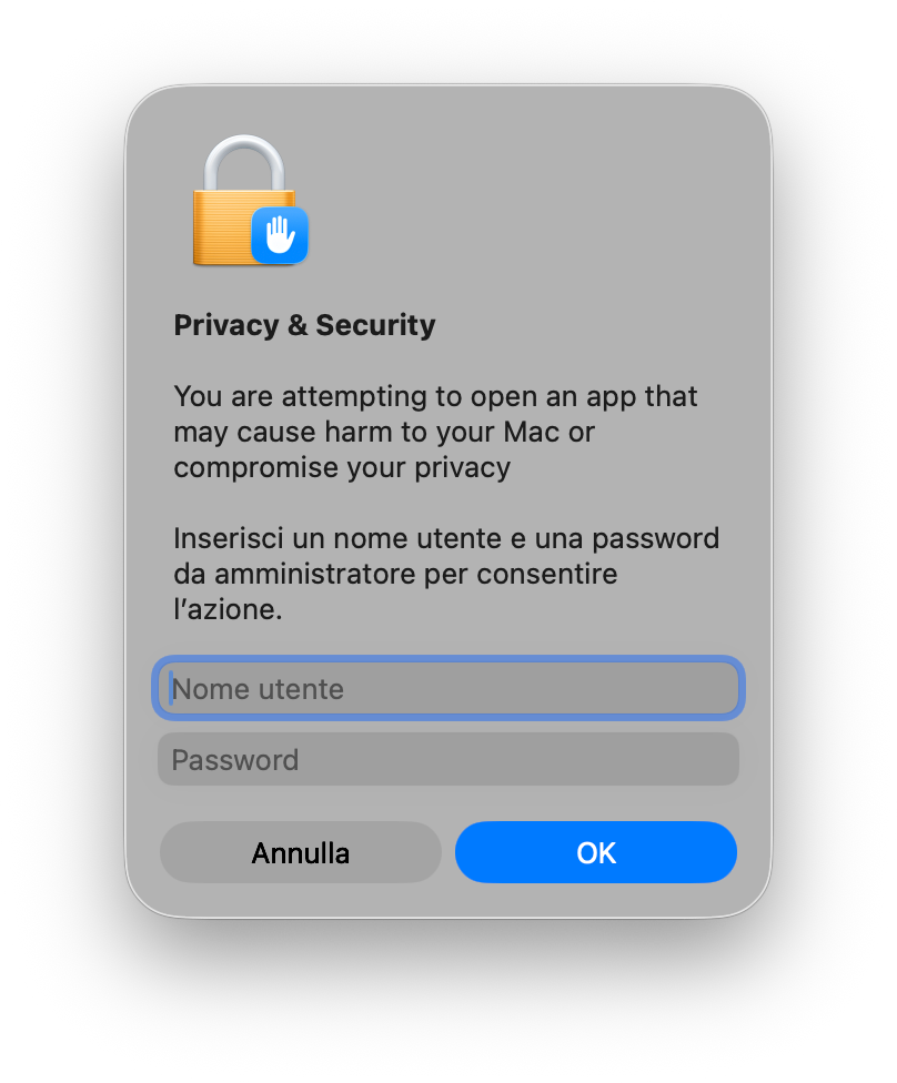Administrator password request to allow opening the app